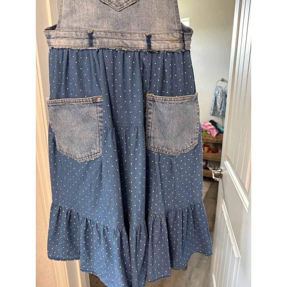 Upcycled Denim Prairie Overall Dress Cottagecore Boho Patchwork Midi Polka dot - Picture 4 of 6